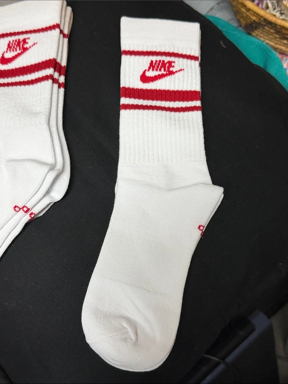 Nike White Crew Athletic Socks with Red Swoosh and Stripes